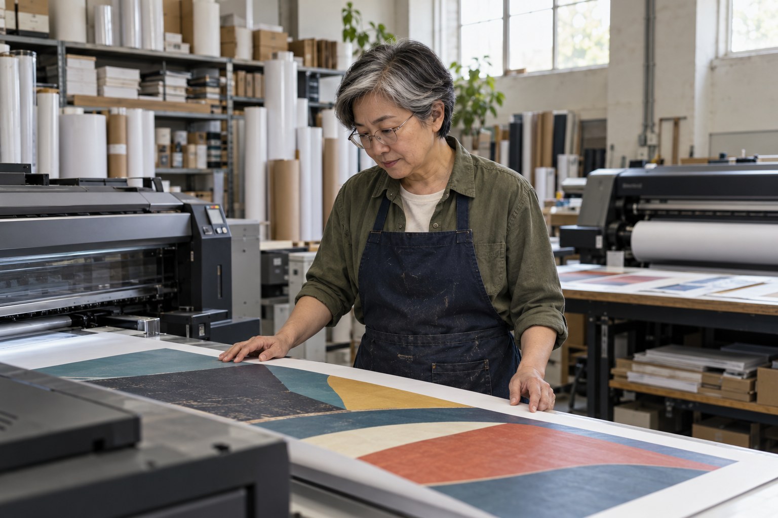 A business owner reviewing a print proof beside commercial printing equipment